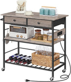 HOOBRO Kitchen Island with Storage, Rolling Island Cart for Kitchen with 2 Drawers & Outlet, 3 Tier Coffee Station and Microwave Stand, Kitchen Island Table for Home, Greige BG08UZD01