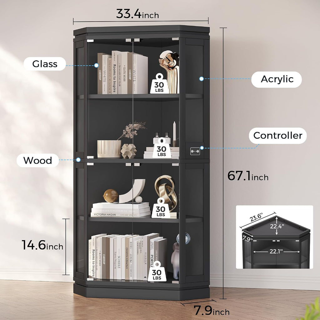 Jocoevol Corner Display Cabinet with 4 Glass Doors, 4-Tier Display Cases with RGB Lights for Collectibles, 67'' Tall Corner Curio Cabinet with Human Body Sensor for Living/Game Room (Black)