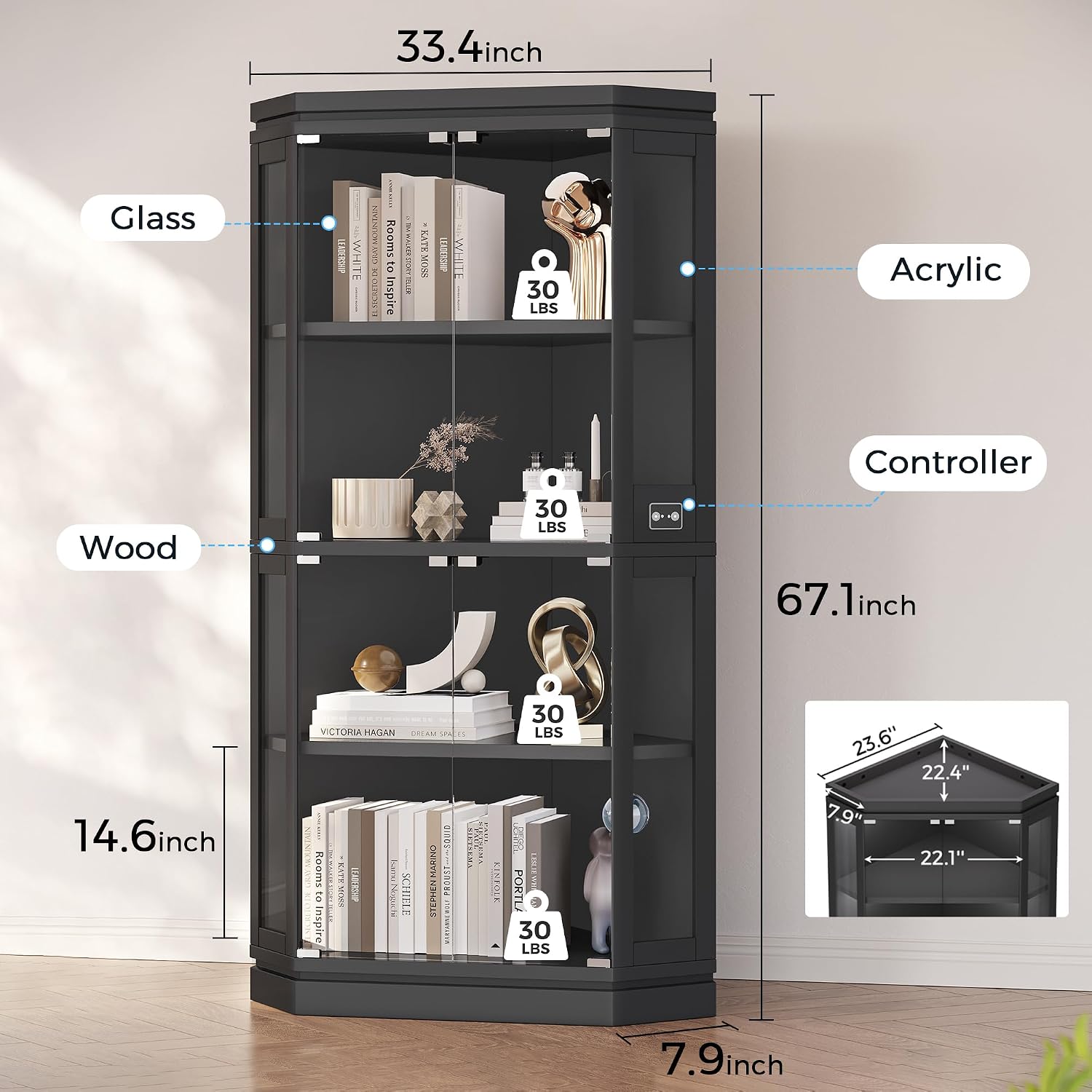 Jocoevol Corner Display Cabinet with 4 Glass Doors, 4-Tier Display Cases with RGB Lights for Collectibles, 67'' Tall Corner Curio Cabinet with Human Body Sensor for Living/Game Room (Black)