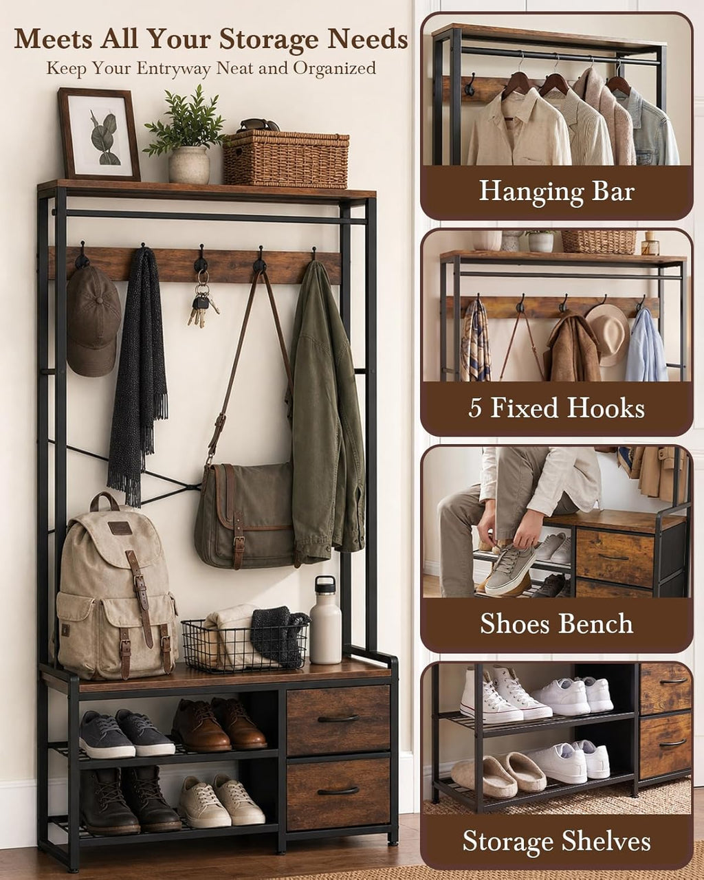 Faesun Hall Tree with Bench and Shoe Storage, Coat Rack, 5-in-1, 31.5" Entryway Bench with 2 Fabric Drawers, Mudroom Bench with Storage and Hooks, Rustic Brown