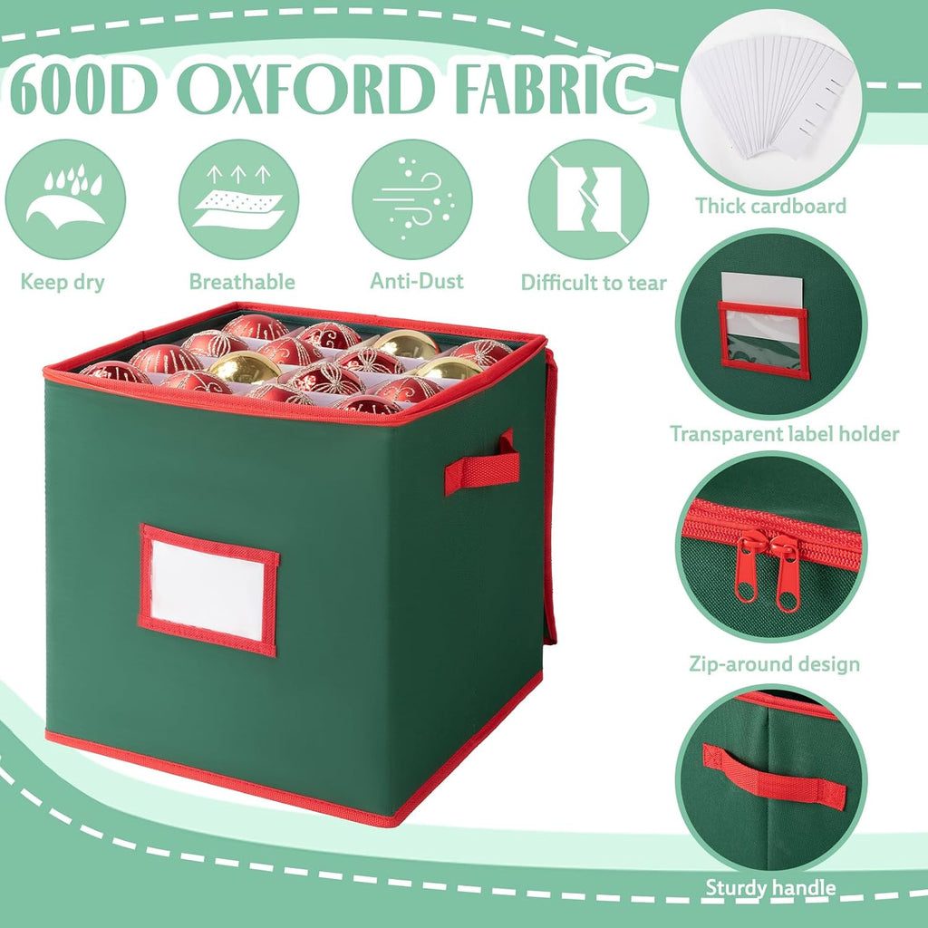 OIAHOMY 2 Pack Ornament Storage Box with Handle, Each Ornament Storage Holds 64 Balls, Christmas Decoration Box Include Plastic Trays and Zip-Lock Lid, Made of 600D Oxford Fabric - Green