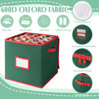 OIAHOMY 2 Pack Ornament Storage Box with Handle, Each Ornament Storage Holds 64 Balls, Christmas Decoration Box Include Plastic Trays and Zip-Lock Lid, Made of 600D Oxford Fabric - Green
