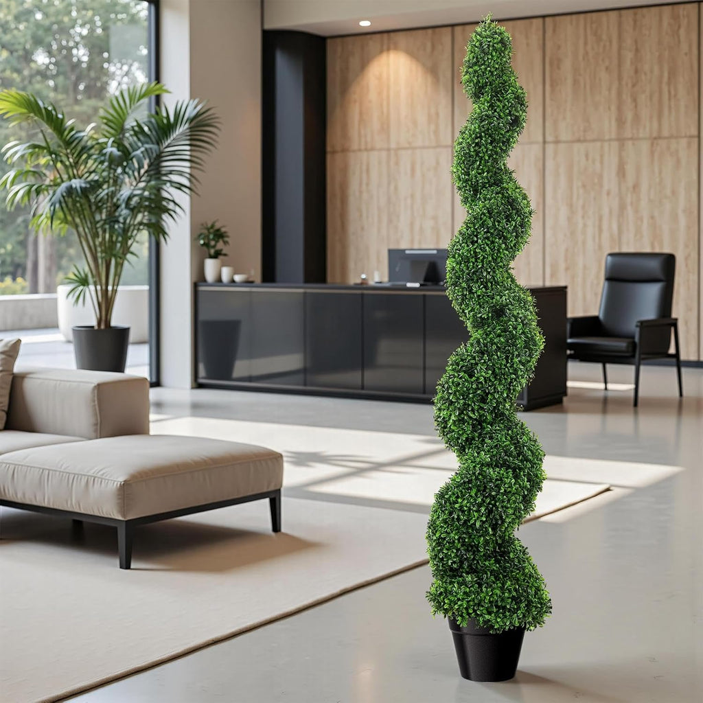 5ft Artificial Boxwood Spiral Tree Set (2 Pcs), Artificial Topiary For Outdoors With Weighted Pot, Outdoor Artificial Plants For Outdoor & Indoor Decoration, Boxwood Topiary, Artificial Outdoor Plants