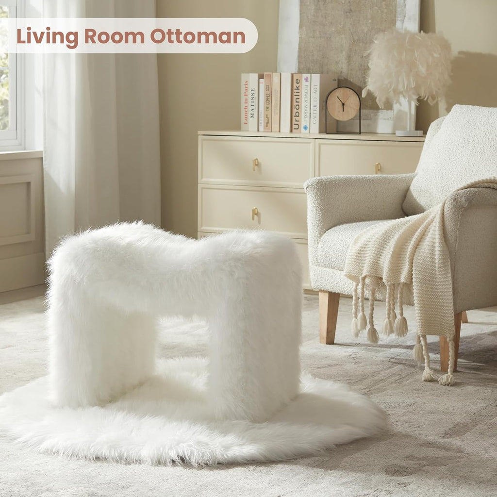 Vanity Stool Chair Small Footstool Ottoman Faux Fur Seating Backless Modern Foot Rest Ottoman Furry for Makeup Room Living Room Bedroom Entryway,White (Single 1)