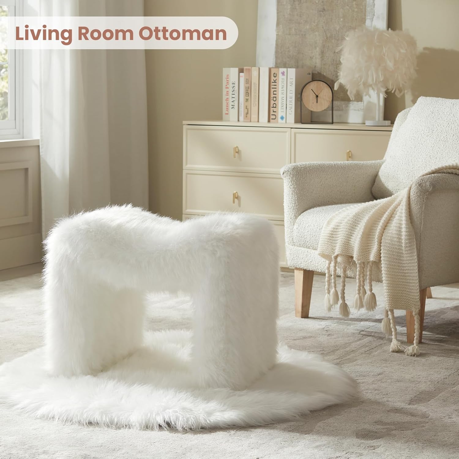 Vanity Stool Chair Small Footstool Ottoman Faux Fur Seating Backless Modern Foot Rest Ottoman Furry for Makeup Room Living Room Bedroom Entryway,White (Single 1)