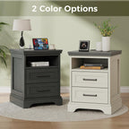 DUMOS Farmhouse Nightstand with Charging Station & USB Ports, Wood Bedside Table with 2 Spacious Storage Drawers and Open Shelf, Minimalist Modern End Table for Bedroom, White