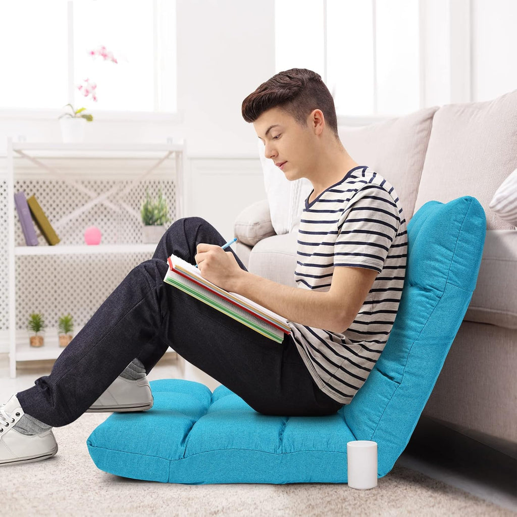 Giantex Adjustable Floor Gaming Sofa Chair 14-Position Cushioned Folding Lazy Recliner High Resilience Sponge, Breathable Cotton & Linen Fabric Sleeper Bed Couch Recliner with Removable Cover