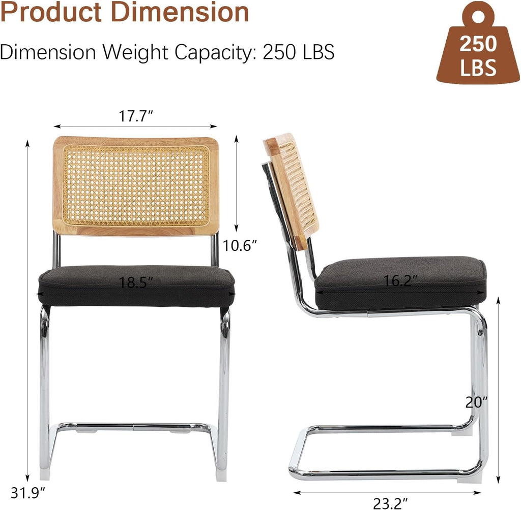 Rattan Back Linen Dining Chair Set of 6 Modern Stainless Chrome Base Armless Upholstered Side Chair for Dining Room, Kitchen Island,Black