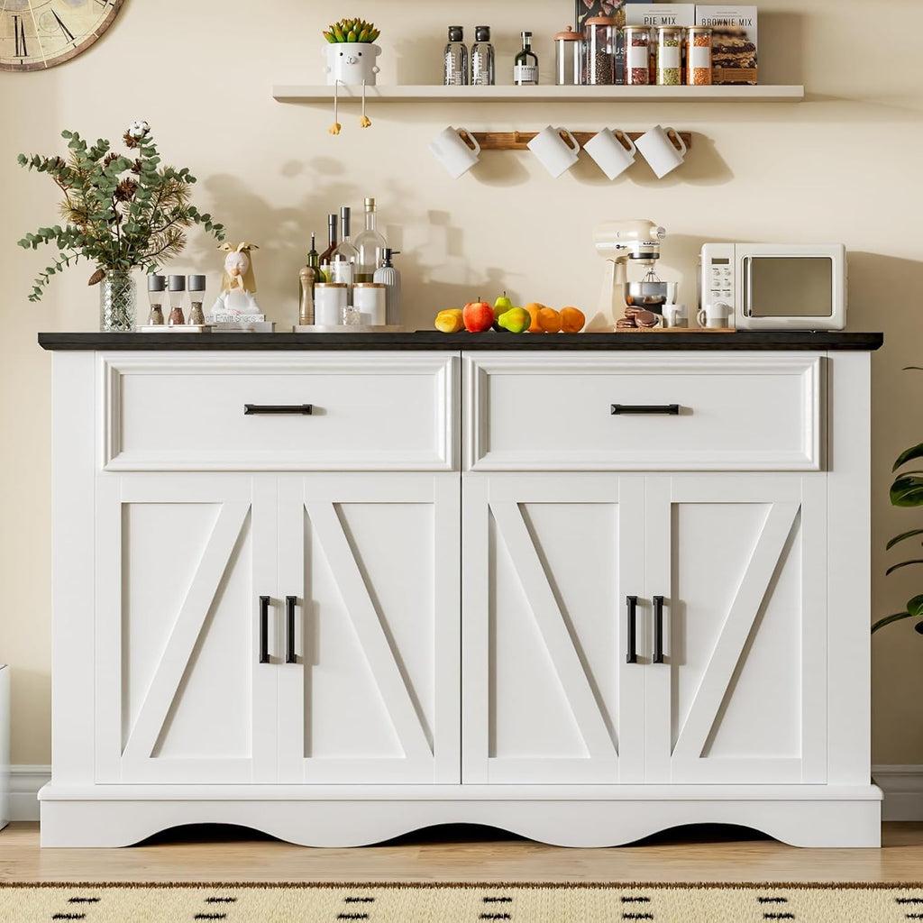 56" Modern Farmhouse Sideboard Buffet Cabinet with 4 Doors and 2 Drawers, Kitchen Storage Cabinet with Adjustable Shelves, Coffee Bar with Charging Station for Living Room, White