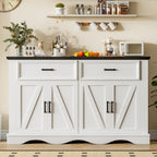 56" Modern Farmhouse Sideboard Buffet Cabinet with 4 Doors and 2 Drawers, Kitchen Storage Cabinet with Adjustable Shelves, Coffee Bar with Charging Station for Living Room, White