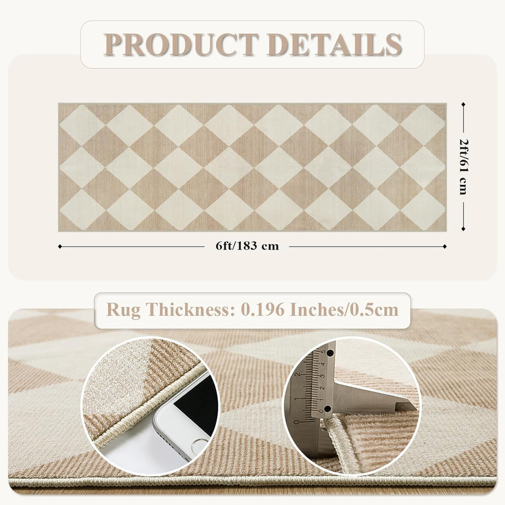Beeiva Checkered Print Carpet Runners for Hallway 6ft, Beige Ultra Thin Washable Kitchen Runner Rug Non Slip, Moroccan Plaid Checkerboard Decor Faux Wool 2x6 Rug for Bedroom Bathroom Entryway