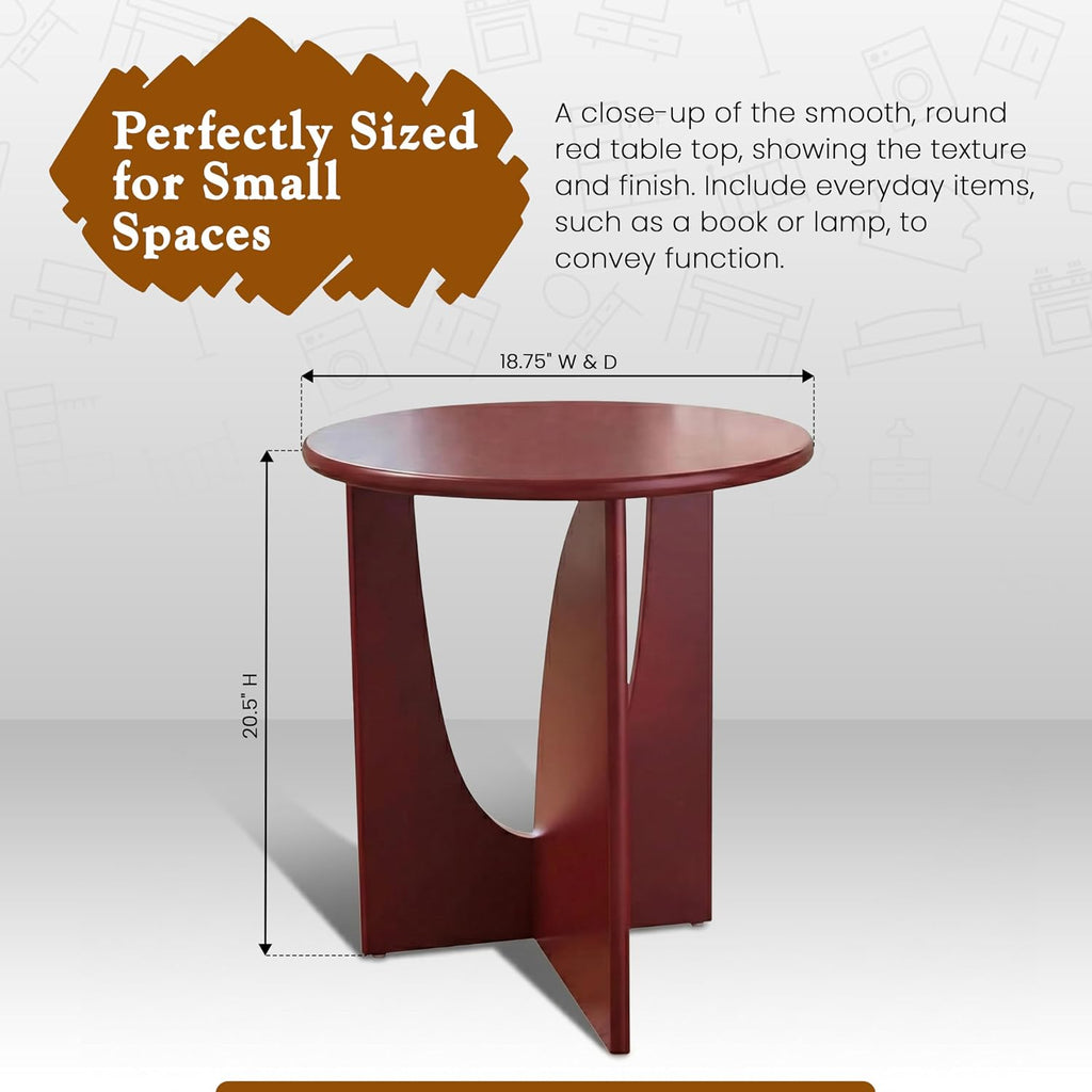 KB Designs - Side End Table Modern Round Wood Accent Table with Sculptural U Shaped Base Compact Furniture for Living Room Bedroom Office Side Table for Small Spaces Home Decor Accent (Red)