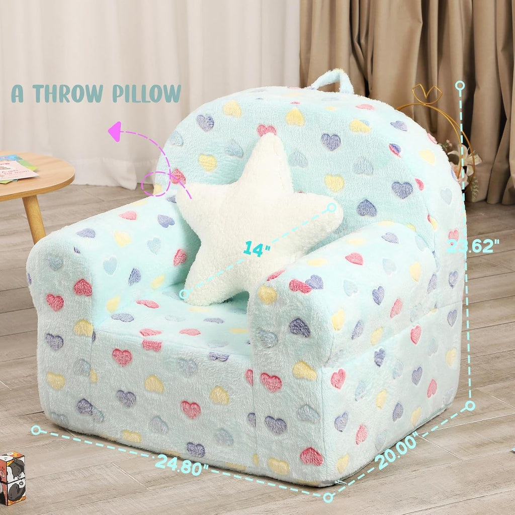 MOMCAYWEX Colorful Heart Kids Sofa with Star Throw Pillow, High Back Toddler Chair Glow in The Dark for Boys and Girls, Lake Blue