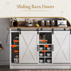 4ever2buy Farmhouse Coffee Bar with Hutch, Coffee Bar with Storage & 6 Hooks, 47 Inch Bar Cabinet with Sliding Barn Door and Adjustable Shelves for Living Room Kitchen, White