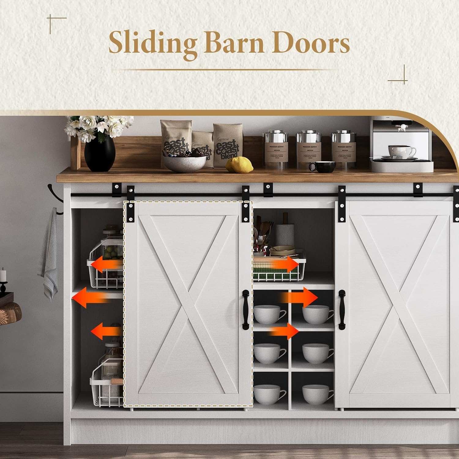 4ever2buy Farmhouse Coffee Bar with Hutch, Coffee Bar with Storage & 6 Hooks, 47 Inch Bar Cabinet with Sliding Barn Door and Adjustable Shelves for Living Room Kitchen, White