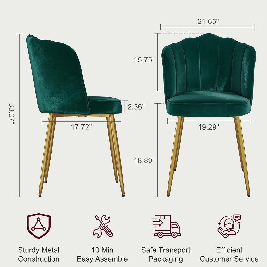 VECELO Velvet Dining Chairs Set of 4, Modern Upholstered Kitchen Chairs with Thick Cushions, Curved Padded Backrest and Metal Legs, for Kitchen, Dining Room, Living Room, Green