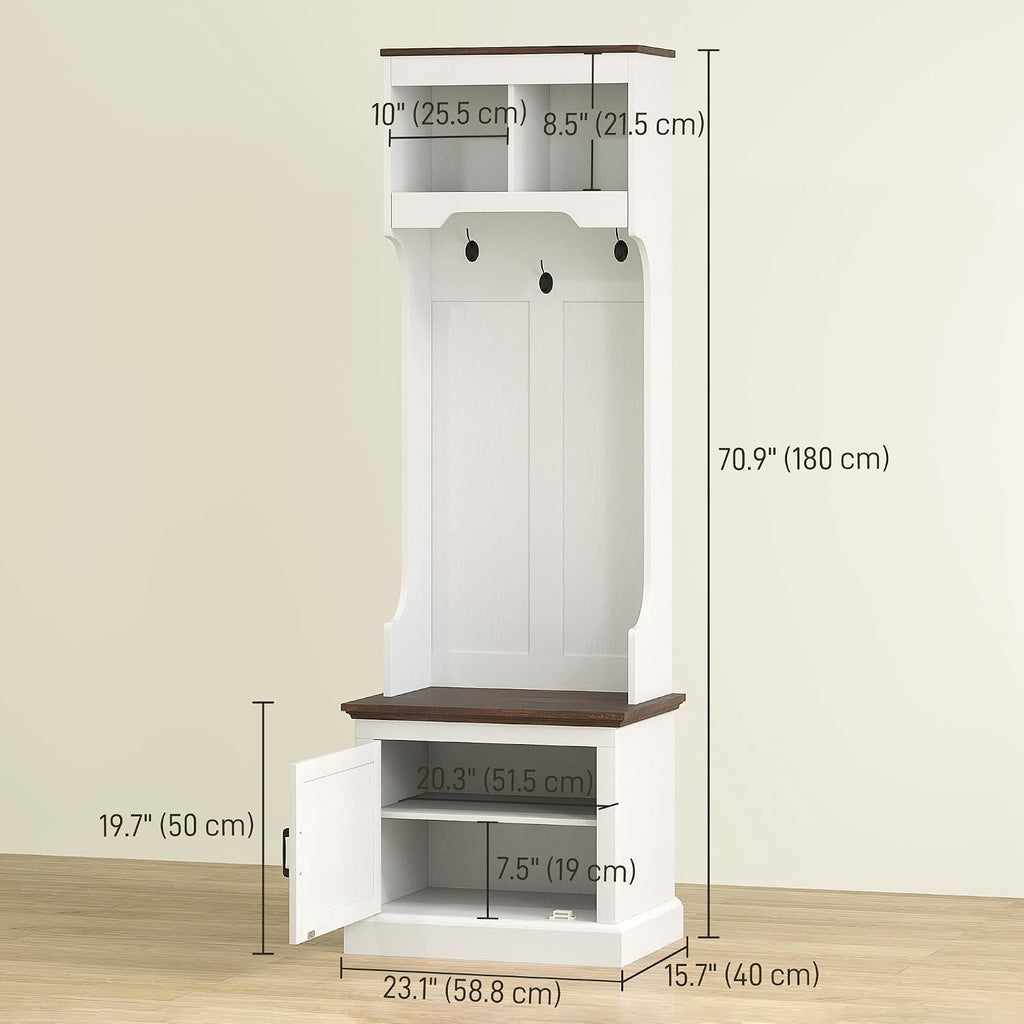 HOMCOM 3-in-1 Hall Tree with Shoe Storage, Shoe Bench, White Wood Grain | Standing Coat Rack, Entryway Furniture, Three Hooks