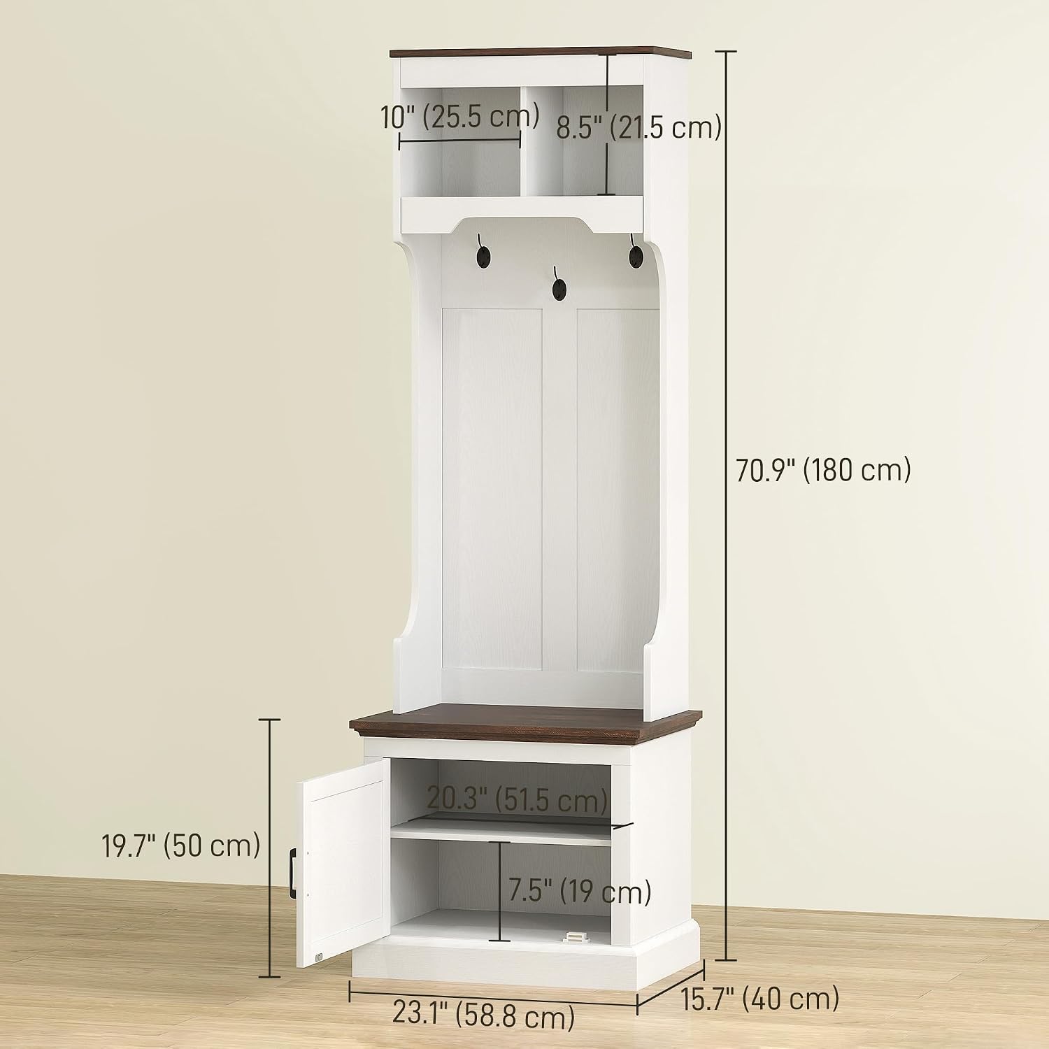 HOMCOM 3-in-1 Hall Tree with Shoe Storage, Shoe Bench, White Wood Grain | Standing Coat Rack, Entryway Furniture, Three Hooks