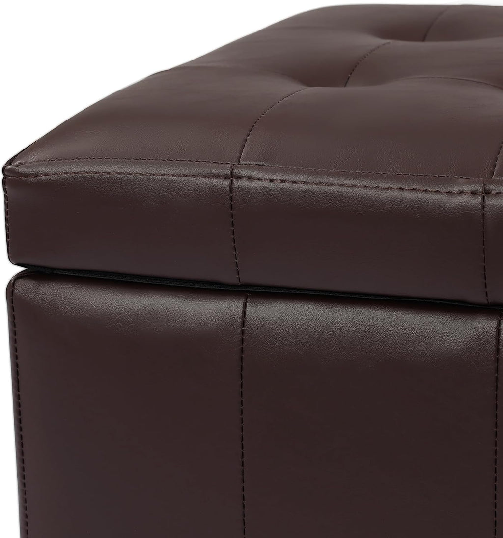 Upholstered Storage Ottoman with Hinged Lid, 23.6-Inch Faux Leather Tufted Cube Ottoman for the Living Room and Bedroom, Coffee Brown