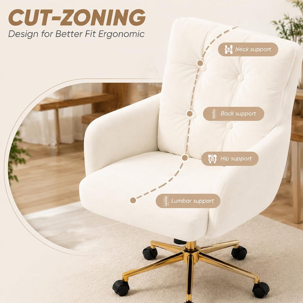 Modern Home Office Chair Velvet Desk Chair Accent Armchair Gold Legs Swivel Task Chair with Wheels Ergonomic Lumber and Back Support, Height Adjustable Flip-up for Living Room, Bedroom, Office,Study