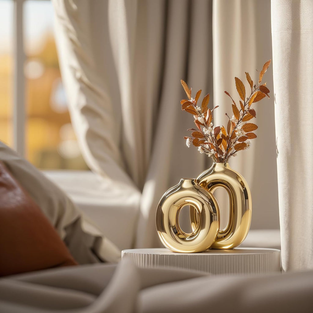 Gold Ceramic Vase Set Home Decor,Round Donut Vase for Pampas Grass for Shelf Decor Home,Nordic Modern Oval Vase for Bookshelf,FireplaceMantle,Centerpieces,Farmhouse,Rustic Décor