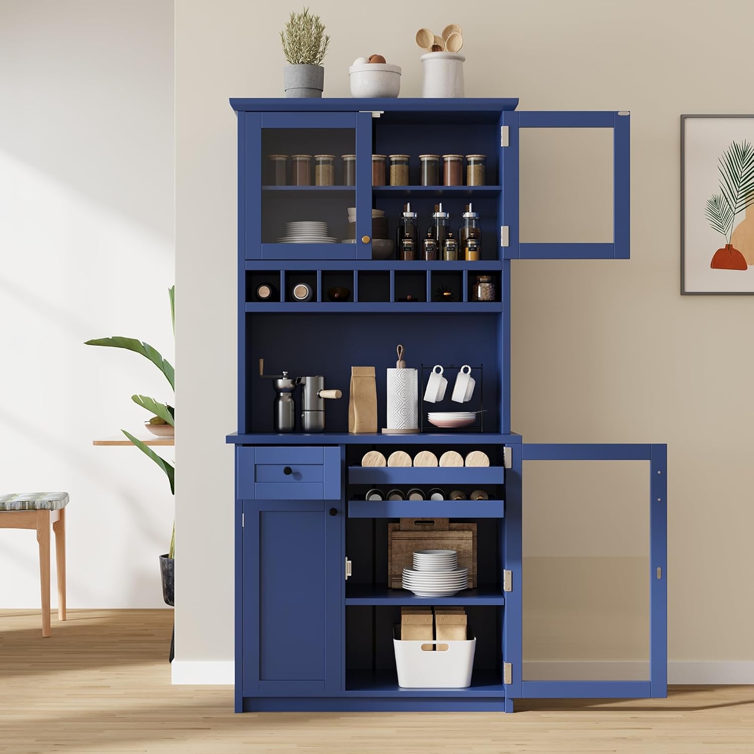 Farmhouse Freestanding Buffet with Hutch, Tall Kitchen Pantry with Wine Rack and Adjustable Shelves,for Dining Room (Blue-W)