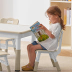 DOREROOM Kids Table and 2 Chairs Set, Height-Adjustable Toddler Table and Chair Set with Graffiti Desktop, 31.5''L x 23.6''W Children Activity Table for Daycare, Classroom, Home