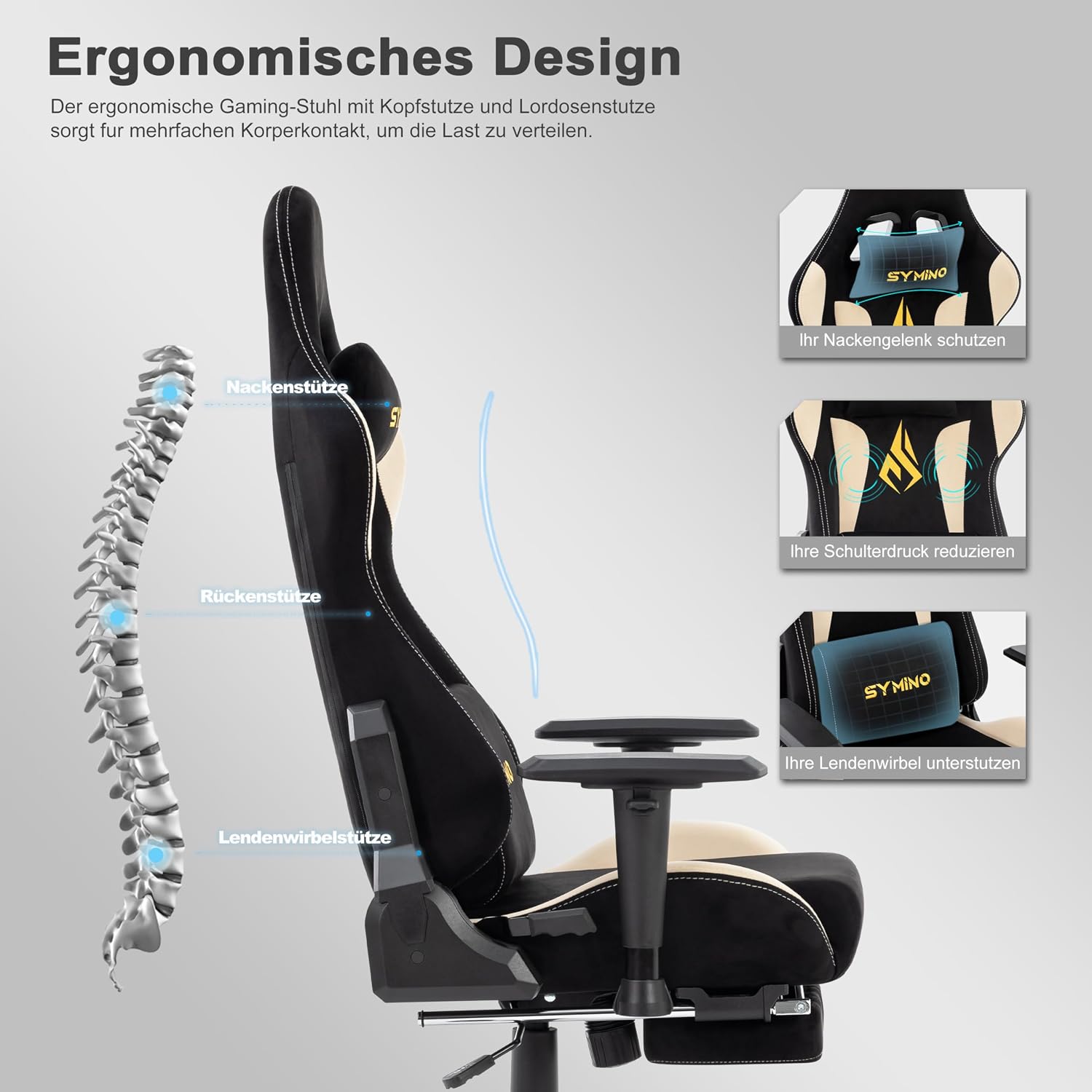 Symino Gaming Chair, Two-Tone Design, Wraparound Seat, Lumbar & Head Support, 150° Tilt, Class 3 SGS Gas, 330 lbs (Faux Suede, Black Beige)