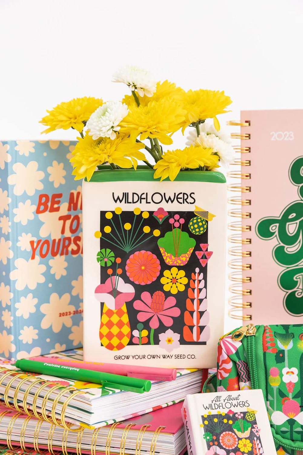 ban.do Ceramic Flower Vase, Wildflower Seeds | Unique Decorative Vase Shaped Like Seed Packet, Colorful Shelf Decor and Organization for Home or Office