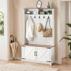 EROMMY 38" Farmhouse Hall Tree with Bench and Shoe Storage, Entryway Bench with Coat Rack, 2 Open Compartments, 5 Coat Hooks, Barn Door & Adjustable Shelf, Rustic White and Brown