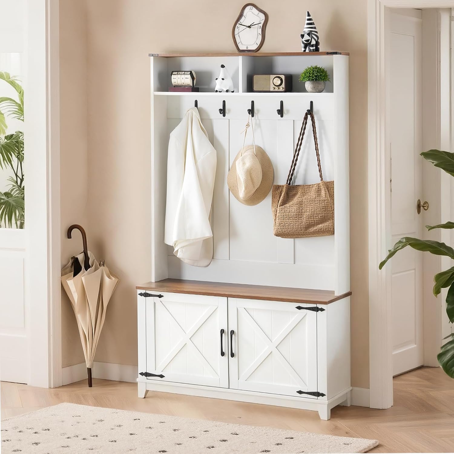 EROMMY 38" Farmhouse Hall Tree with Bench and Shoe Storage, Entryway Bench with Coat Rack, 2 Open Compartments, 5 Coat Hooks, Barn Door & Adjustable Shelf, Rustic White and Brown