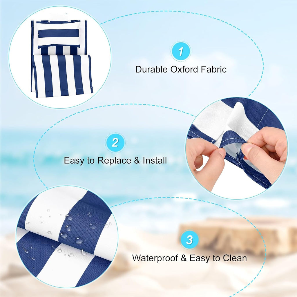 Beach Sling Chair Replacement Canvas, 16x44.5 Inch Folding Lounge Chair Fabric with Pillow for Beach/Sunbathing/Courtyard/Garden [Striped Dark Blue, Only Replacement]