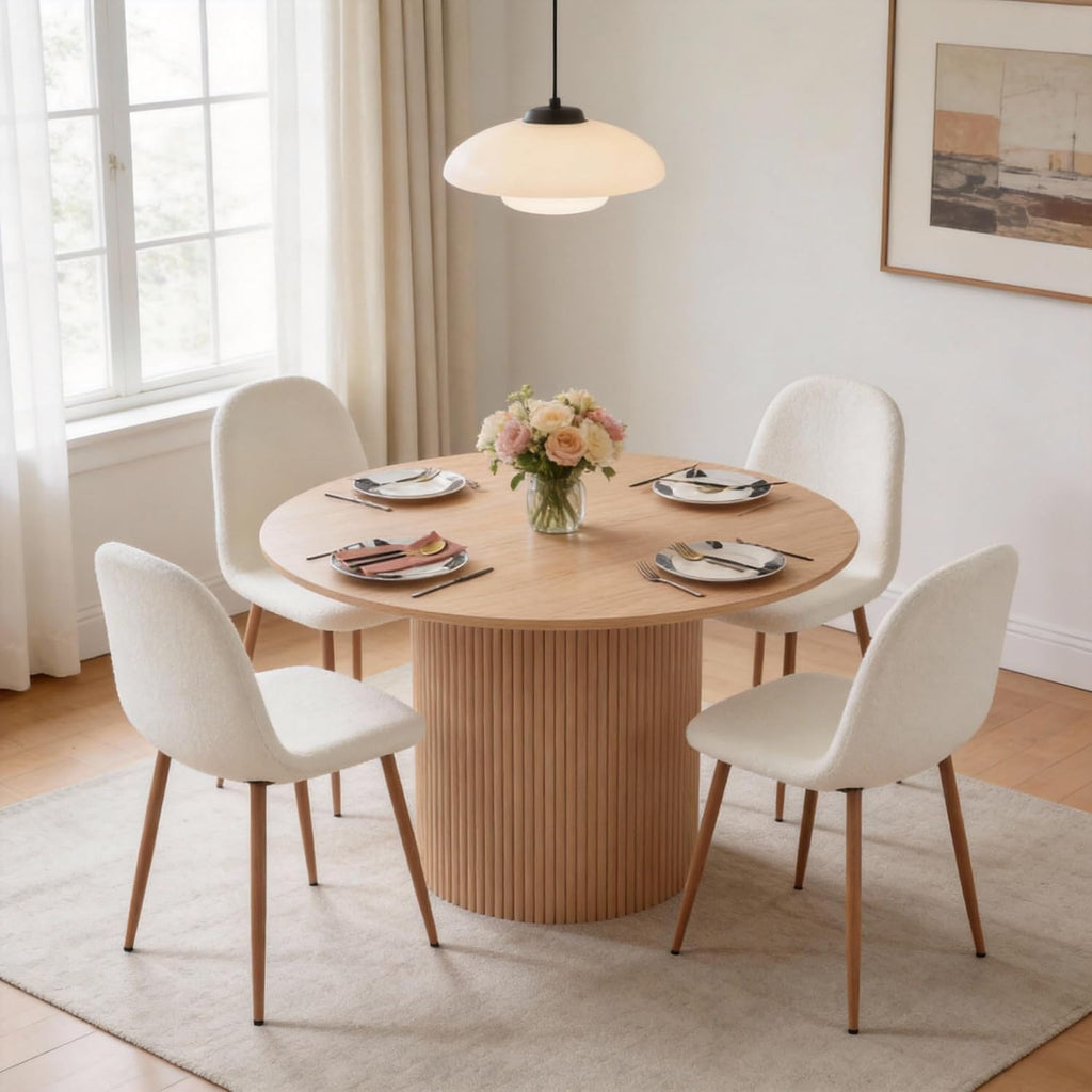 Dining Table Set for 4, Mid Century Modern 47 Inch Wooden Round Dining Table Set, Space Saving (Table + 4 White Chairs)