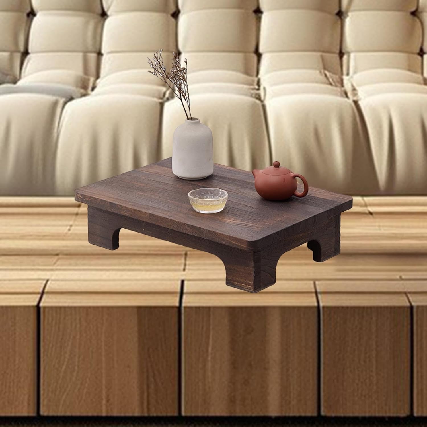 Low Wooden Tea Table, Elegant, Stable, Minimalist Stool, Lightweight Floor Table, Compact for The Windowsill in The Room, Brown, 40x28x10cm