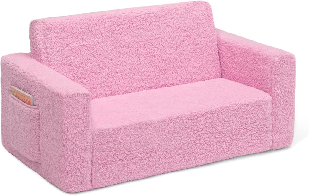 Delta Children Cozee Flip-Out Sherpa 2-in-1 Convertible Sofa to Lounger for Kids, Pink