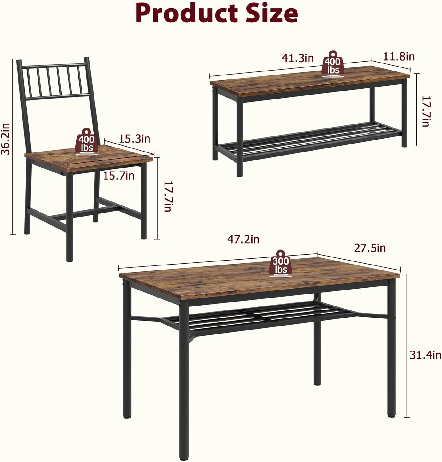 Garvee Dining Table Set for 4 with Bench and Chairs, 4-Piece Kitchen Table Set with Storage – Space-Saving Dining Table for Apartments and Dining Rooms, Brown