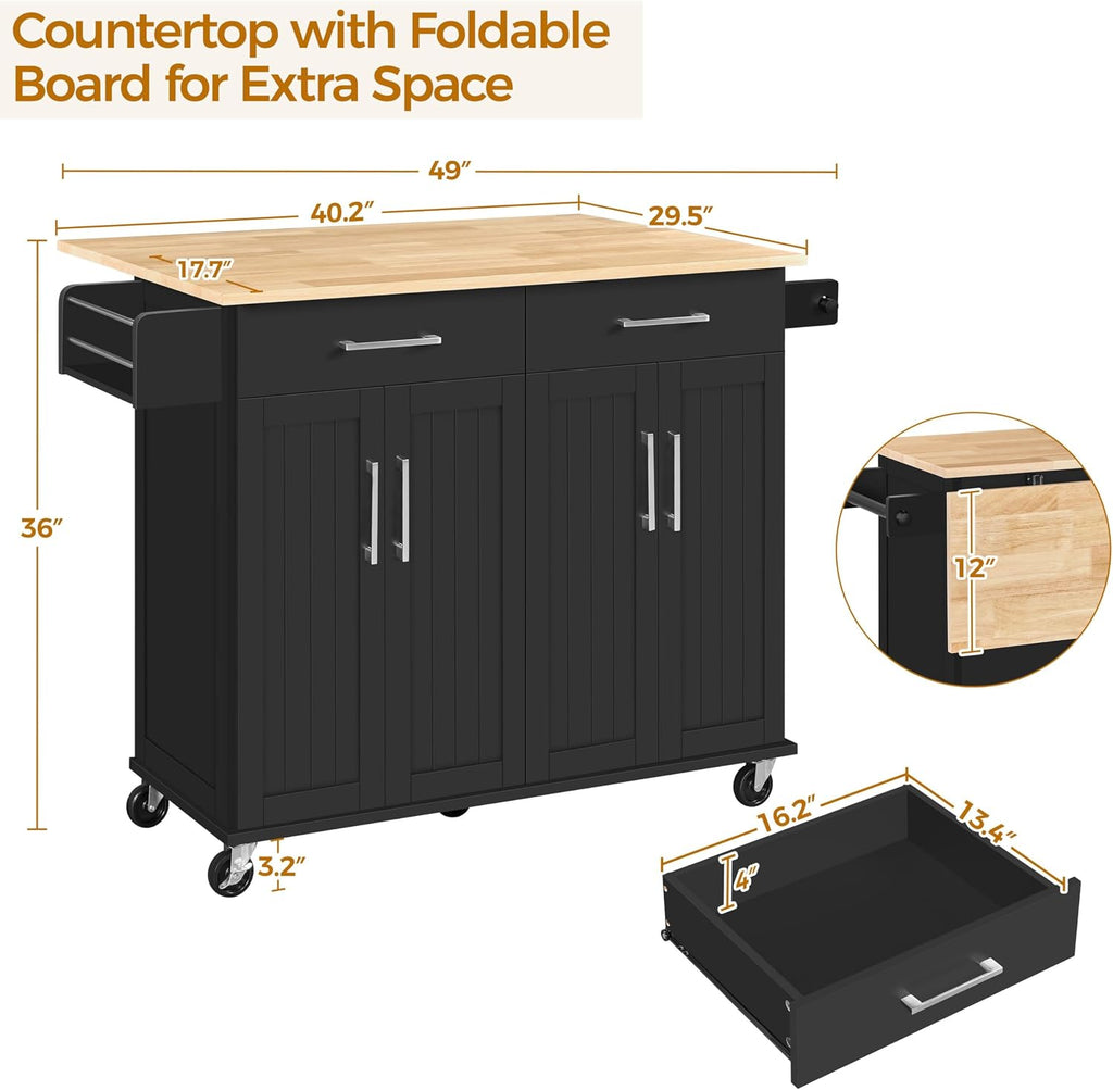 Yaheetech Kitchen Island Cart with Drop Leaf, 49" Rolling Island Table with Storage, Drawer, Kitchen Cart with Rubberwood Top, Detachable Towel & Spice Rack, Black