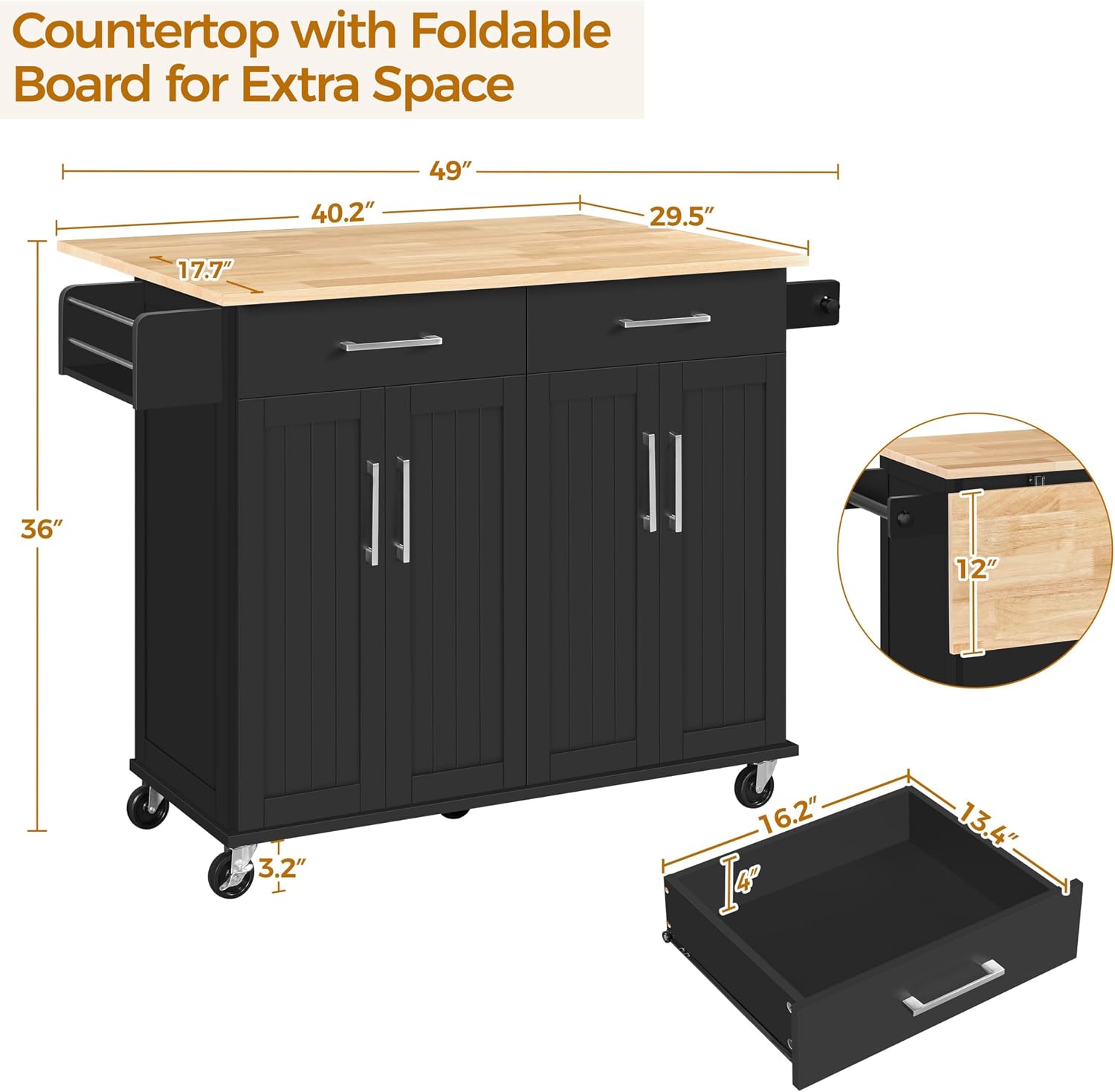 Yaheetech Kitchen Island Cart with Drop Leaf, 49" Rolling Island Table with Storage, Drawer, Kitchen Cart with Rubberwood Top, Detachable Towel & Spice Rack, Black