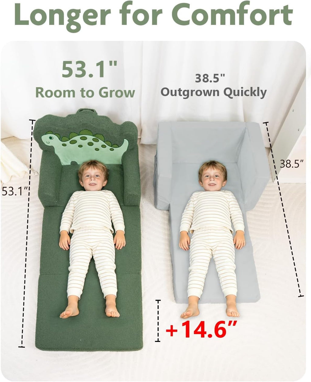 TinyPalsa Kids Couch, 2-in-1 Fold Out Sofa with Portable Handle, Comfy Lounger for up to 49" Tall, Green Dinosaur
