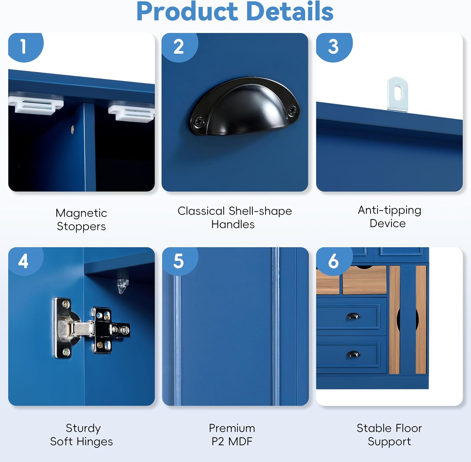 71" Tall Kitchen Pantry Storage Cabinet with 4 Foldable Doors, Freestanding Large Cupboard with Power Outlet, Adjustable Shelves and Wine Racks for Dining Room, Kitchen, Blue