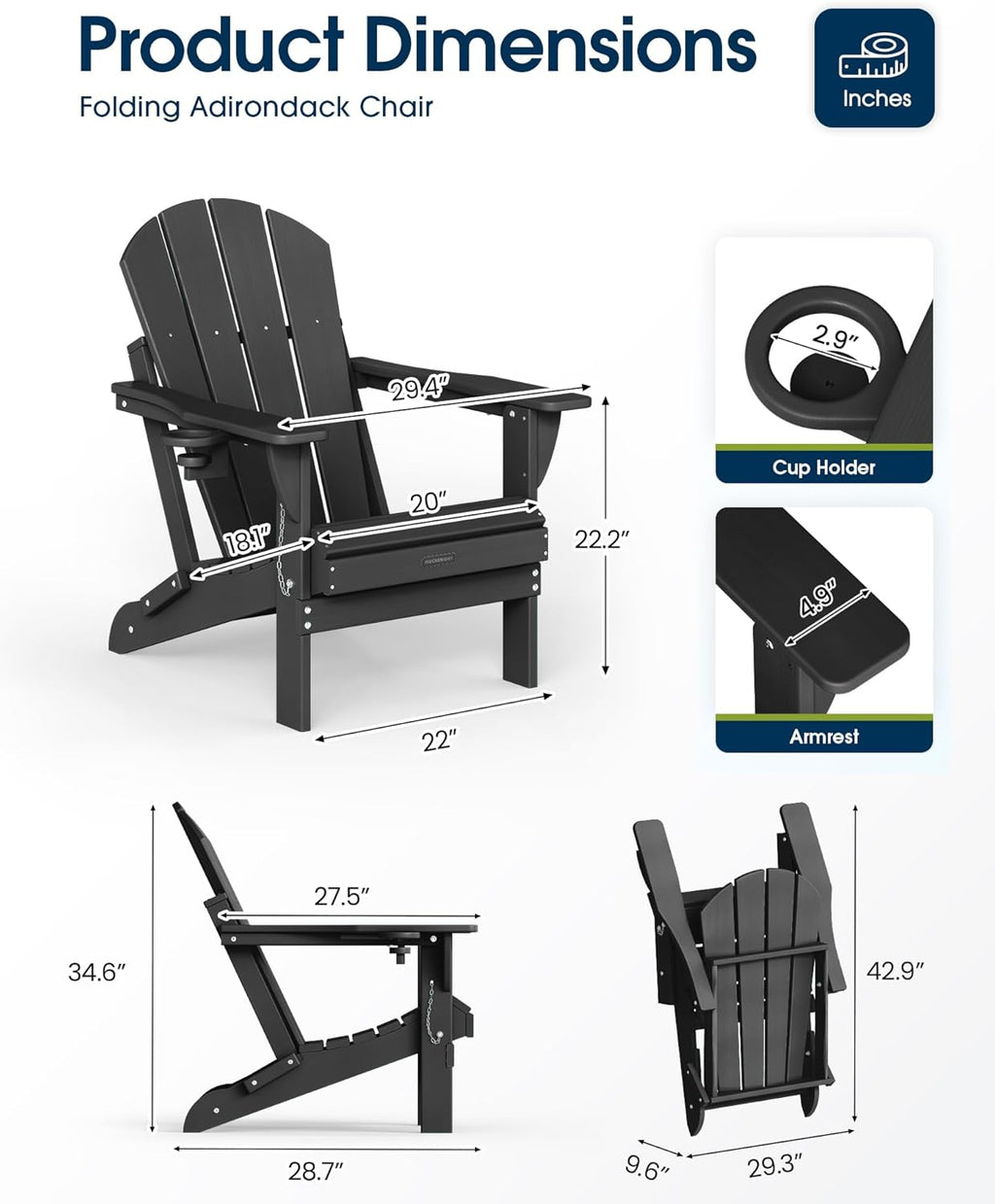 MUCHENGHY Folding Adirondack Chairs Patio Chairs Outdoor Adirondack Chair Weather Resistant Chair for Patio, Outside, Deck, Backyard, Fire Pit Chair, Campfire Chairs (Black)