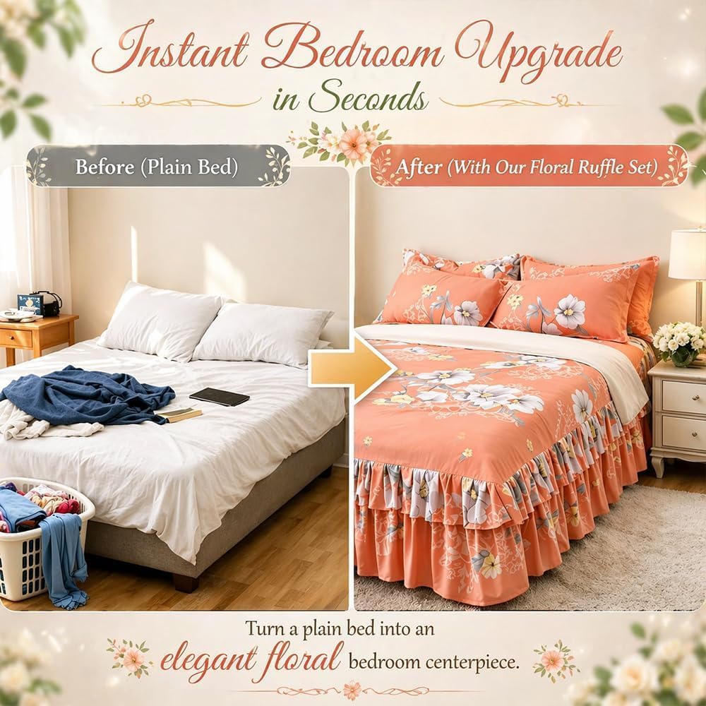 3-Piece Ruffled Bed Skirt Set with Floral Print，Floral Ruffled Bed Skirt 3-Piece Set,Elegant Soft Ruffle Skirt Bedspread with 1 Bed Skirt and 2 Pillowcases for Bedroom (＃4, 78 * 80in)