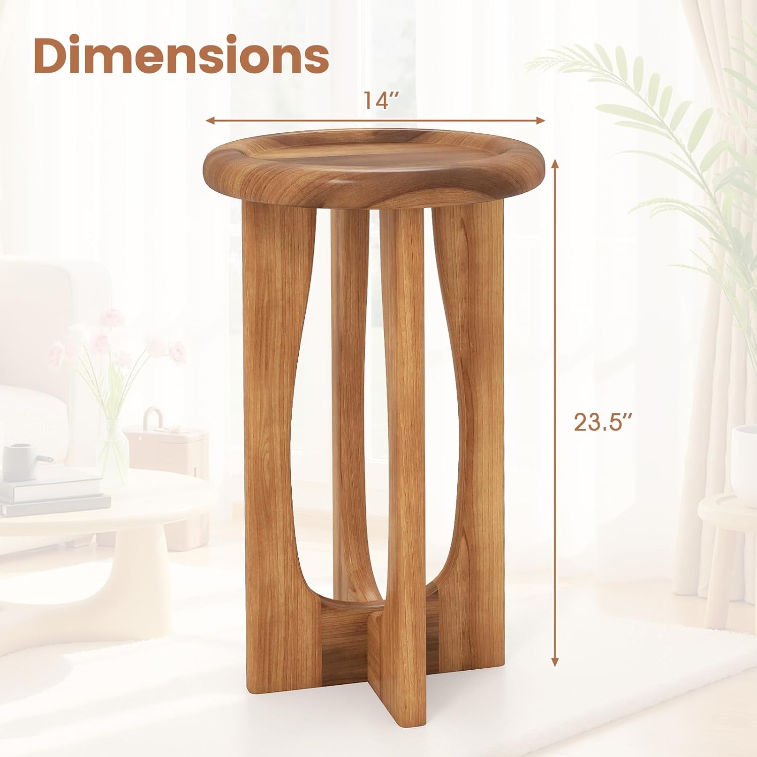 Tangkula Round Side Table, 14” Mahogany Accent Table with Tray Top & Solid Wood Cross Legs, Sofa Bedside End Table for Living Room, Bedroom, Porch, Backyard, Natural