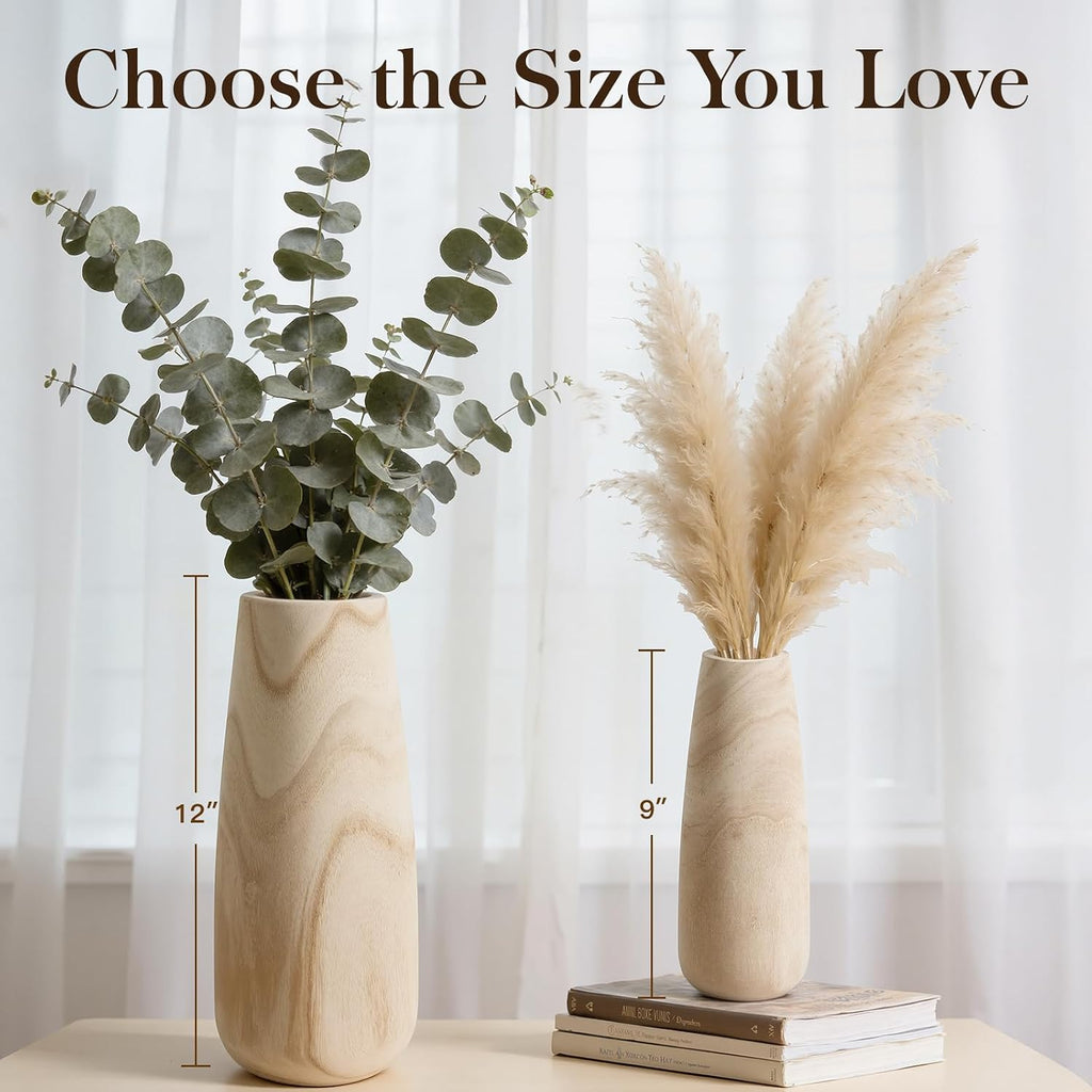 Natural Wood Vase for Dried Flowers - 9 Inch Decorative Wooden Vase, Warm Neutral Farmhouse Boho Decor for Living Room Bedroom Table Shelf