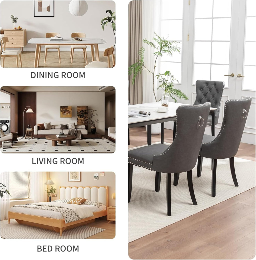 Leather Dining Chairs Set of 4, Upholstered Dining Room Chairs with Nailhead Trim, Sillas de Comedor Modernas 4, Wooden Kitchen Chairs for Dining Room, Living Room, Kitchen, Bedroom, Grey