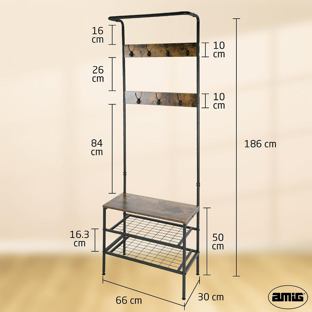Amig - Lukïen Standing Coat Rack with Shoe Rack - Industrial Style Bench - 183 x 66 x 32.5 cm - Metal and Wood - Black and Brown - Donkey for Hallway or Entrance Rustic Style