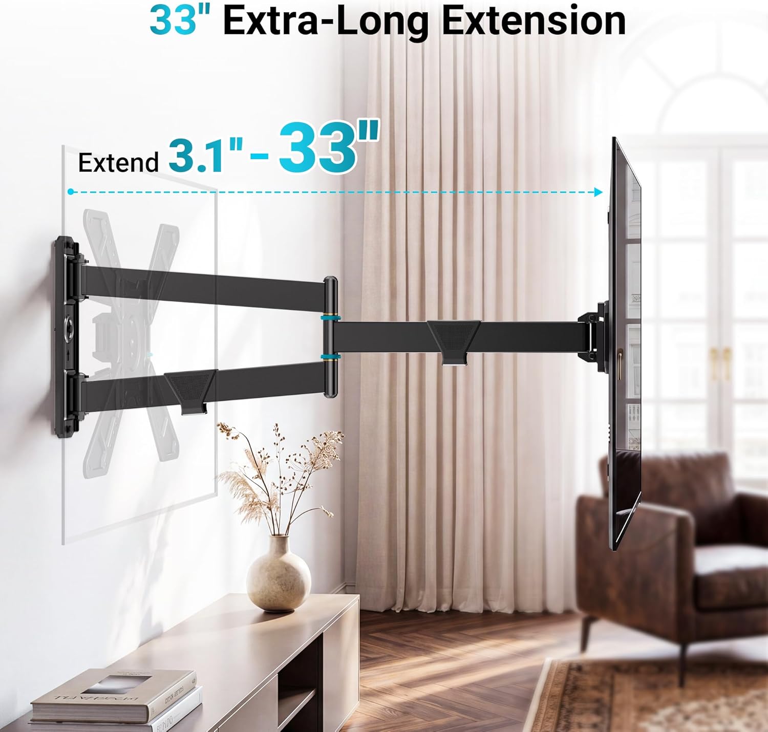 BONTEC Full Motion Corner TV Wall Mount for 31-75 Inch TVs, 33 in Long Arm Wall Mount Bracket, Swivel and Tilt with Landscape to Portrait Rotation, Holds 110 lbs, Heavy Duty Steel, Max VESA 600x400 mm