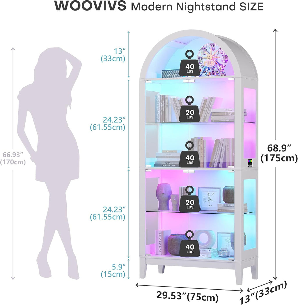 WOOVIVS Glass Display Cabinet with RGB Lights, 69" Tall Curio Cabinet with Rebound Tempered Glass Door, 5-Tier Adjustable Display Case for Living Room (White)