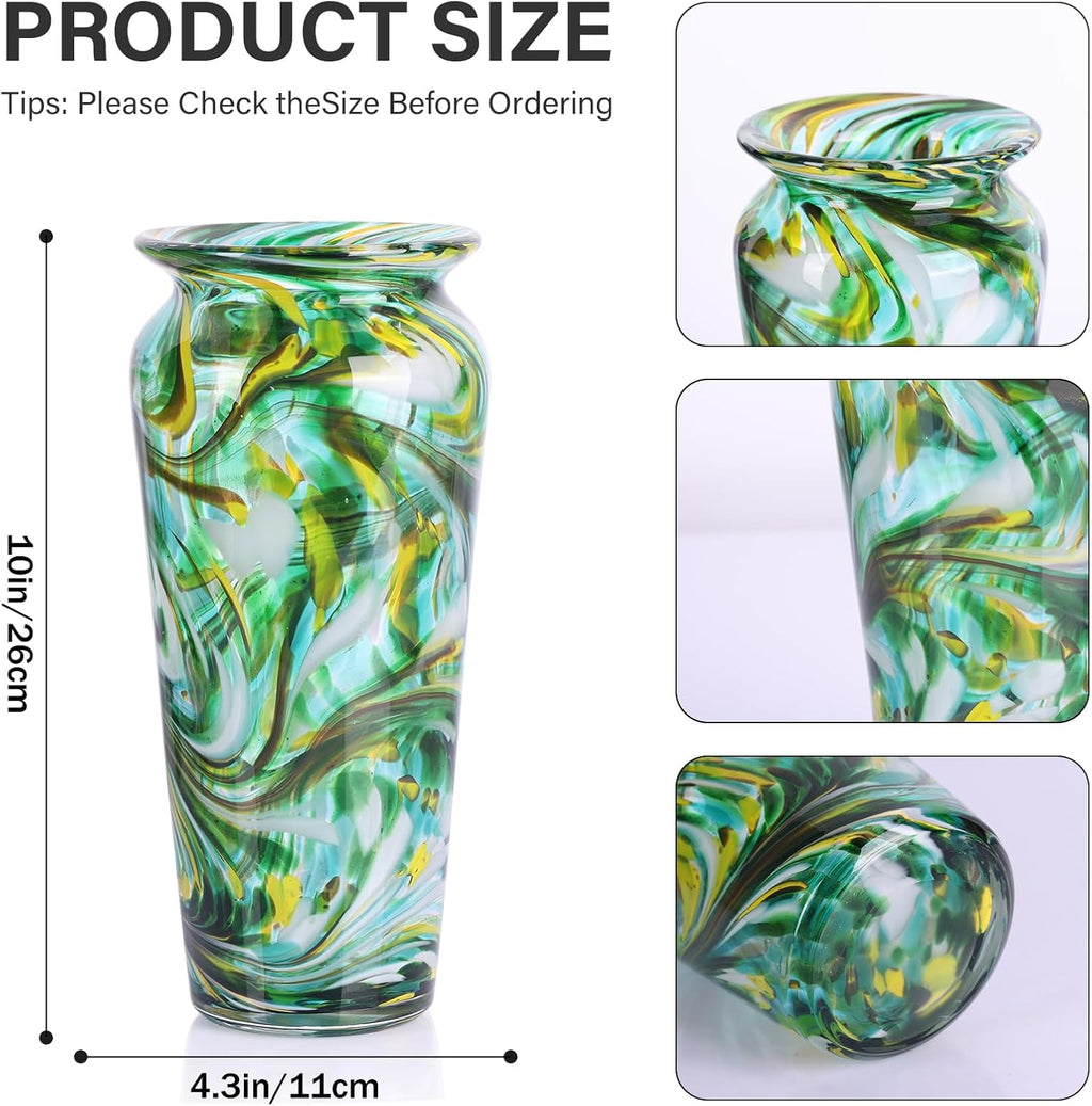 Green Hand Blown Glass Vase – Tall Speckled Decorative Centerpiece in Murano Style for Dining Table, Coffee Table, Mantel, Entryway, or Bookshelf in Coastal or Modern Decor (Green)