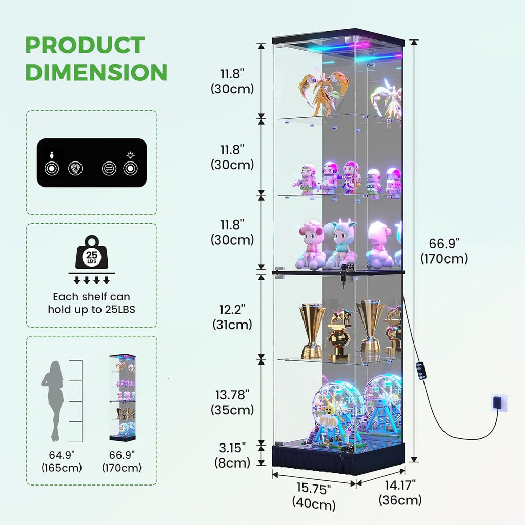 HNEBC Glass Display Cabinet, LED Display Case with RGB Lighting, Lockable Curio Cabinet with Explosion-Proof Glass Doors for Collectibles,5-Tier China Cabint with Motion Sensor Light-Black